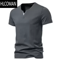 HLCOMAN夏季男士欧美简约假V领短袖T恤青年潮流个性修身纯色体恤