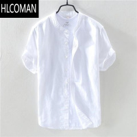 HLCOMAN亚麻短袖衬衫男立领宽松复古薄透气百搭寸衣深蓝棉麻简约日系休闲