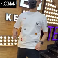 HLCOMAN网季潮牌百搭短袖t恤男士圆领半袖印花上衣潮流修身体恤t