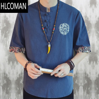 HLCOMAN刺绣亚麻短袖t恤男夏季薄款宽松唐装中国风棉麻盘扣体恤