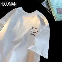 HLCOMAN笑脸ins短袖t恤男款百搭宽松白色半袖衣服女