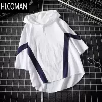 HLCOMAN夏季仿亚麻七分袖连帽T恤男潮牌宽松大码日系潮流撞色半袖上衣服