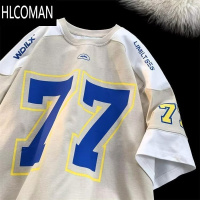 HLCOMAN美式藏蓝色短袖男棒球冰球服夏欧美潮牌橄榄球5五分袖t恤ins