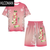 HLCOMAN夏季趣味冰红茶饮料套装男女同款3D印花饮料衣裤情侣潮流套装