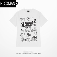 HLCOMANNELY美式复古猫咪圆领短袖男女oversize宽松T恤潮夏季