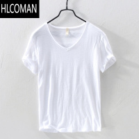 HLCOMAN新款做旧毛边V领短袖竹节棉T恤男士夏季休闲打底宽松体恤衫潮