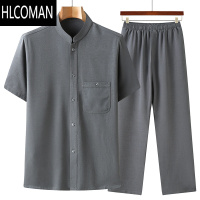 HLCOMAN爸爸装夏装套装唐装男中老年男士薄款冰丝爷爷短袖衬衫老年人衣服