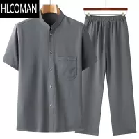 HLCOMAN爸爸装夏装套装唐装男中老年男士薄款冰丝爷爷短袖衬衫老年人衣服