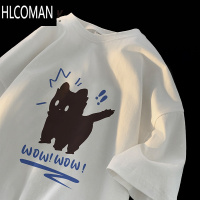 HLCOMAN短袖2025新款五分袖T恤男半袖猫咪宽松体恤国潮休闲上衣