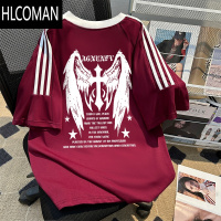 HLCOMAN美式街头风潮酷痞帅上衣男款创意设计感翅膀印花嘻哈短袖T恤
