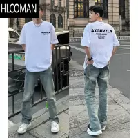 HLCOMAN美式街头潮牌字母印花短袖t恤男夏季休闲宽松白色打底衫