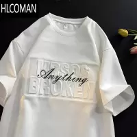 HLCOMAN绒钢印字母印花宽松短袖T恤男夏季美式复古半袖潮流上衣
