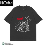 HLCOMAN创意手绘摇滚架子鼓打鼓猫美式T恤男女宽松短袖潮牌小众