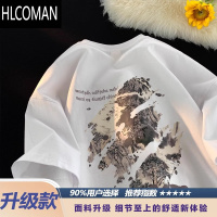 HLCOMAN山水画印花短袖t恤男潮流潮牌夏季百搭圆领衣服宽松大码体恤