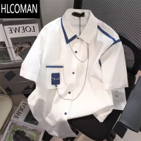 HLCOMAN法式复古高级感项链短袖衬衣男女夏季宽松别致港风撞色衬衫ins潮