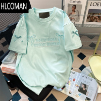HLCOMAN曼波风薄荷绿甜美蝴蝶结刺绣T恤男女夏季宽松韩版慵懒风短袖上衣
