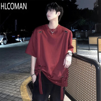 HLCOMAN发型师潮牌飘带短袖男模穿搭酒红色情侣短袖夏季400g美式T恤