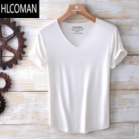 HLCOMAN冰丝垂感莫代尔鸡心低V领短袖t恤男士修身纯色弹力打底衫新款男装