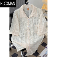 HLCOMAN美式vintage古着镂空衬衫男生短袖夏季痞帅宽松情侣透气外穿衬衣