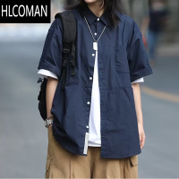 HLCOMAN日系复古工装休闲短袖衬衫男女夏季外穿上衣宽松百搭纯色衬衣外套