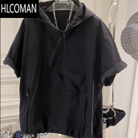 HLCOMAN特大码300斤连帽短袖T恤男女装夏季欧货不规则设计感拉链上衣