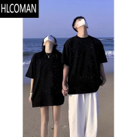 HLCOMAN高级感黑色满天星t恤男夏季情侣衣服短袖2025新款潮牌痞帅五分袖
