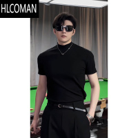 HLCOMAN王嘉儿同款半高低领短袖t恤男潮牌痞帅修身百搭打底上衣体恤