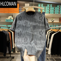 HLCOMAN设计感满天星烫钻t恤男款2025夏季新款美式潮流百搭破洞渐变短袖