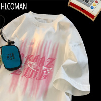 HLCOMAN粉色涂鸦创意短袖t恤男夏季白色半袖潮牌ins潮流宽松体恤