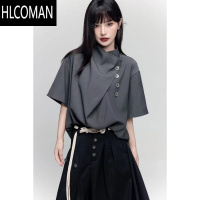 HLCOMAN国风小众复古设计高级感衬衫宽松男女不规则短袖新中式衬衣上衣夏