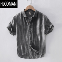 HLCOMAN日系复古压皱短袖亚麻衬衫男士夏季休闲青年透气宽松半袖棉麻衬衣