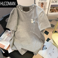 HLCOMAN美式甜酷重工镶钻流苏小狗T恤男女夏季2024新款时尚洋气短袖上衣