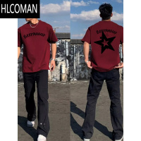 HLCOMAN酒红色美式高街运动短袖t恤男女夏季潮牌宽松情侣半袖上衣ins