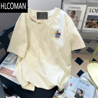 HLCOMAN奶系复古可爱小熊刺绣彩点短袖T恤男女夏季甜美减龄百搭休闲上衣