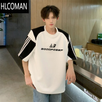 HLCOMAN小众美式垫肩短袖t恤男痞帅街头宽松撞色拼接赛车衣服高级体恤衫