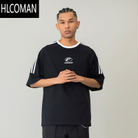 HLCOMAN 美式潮牌拼接插肩袖圆领短袖T恤男夏季情侣宽松织带休闲体恤