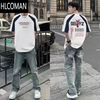 HLCOMAN嘻哈复古潮牌个性印花美式短袖T恤男款夏季高街半袖上衣