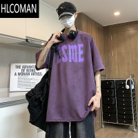 HLCOMAN300g绒短袖t恤男夏季美式高街复古宽松小领口军绿色半袖