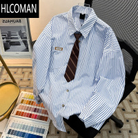 HLCOMAN潮牌竖条纹领带蓝色长袖衬衫男女复古宽松bf百搭小众翻领短袖衬衣