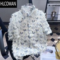 HLCOMAN流苏蝴蝶设计感衬衫男女短袖夏季休闲衬衣宽松潮牌高级感痞帅上衣