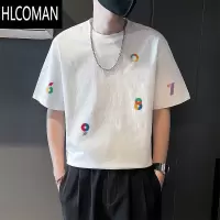 HLCOMAN印花2025新款衣服T恤男ins潮牌白色半袖男装创意百搭圆领短袖上衣