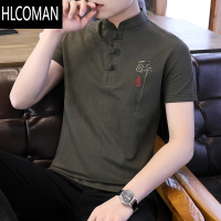 HLCOMAN夏季刺绣立领t恤男士短袖复古唐装中国风男装半袖潮牌冰丝潮流