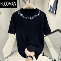 HLCOMAN美式潮牌短袖T恤男士夏季新款宽松圆领创意项链印花韩版上衣