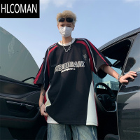 HLCOMAN美式赛车服短袖T恤男夏季oversize潮牌街头痞帅机车黑红拼色上衣