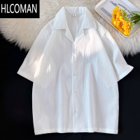 HLCOMAN褶皱冰丝衬衫男士短袖日系宽松古巴领衬衣夏季潮流设计感痞帅上衣
