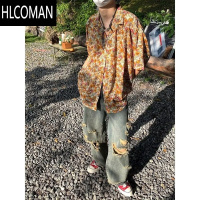 HLCOMAN英伦雅痞短袖衬衫男高级感复古冰丝花衬衣夏季港风潮ins痞帅外套