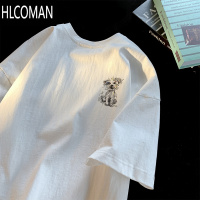 HLCOMAN小狗印花短袖T恤男夏季潮牌圆领体恤美式潮流宽松青少年百搭半袖