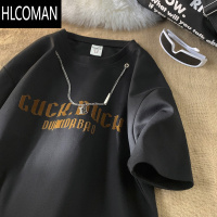 HLCOMAN美式带项链的短袖T恤男夏季高街青少年宽松半袖打底