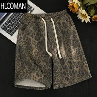 HLCOMAN夏季薄款松紧腰豹纹牛仔短裤男直筒美式做旧复古高街潮牌五分裤子