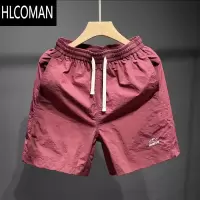HLCOMAN基础款纯色短裤男女日系夏季刺绣宽松速干沙滩运动五分裤